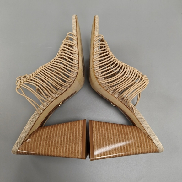 $140 SAM EDELMAN Laurette Block Heels Sandals Strappy Woven Elastic Almond 8.5 - Picture 8 of 10